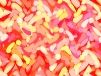 Pop-art abstract of rounded and elongated polygons like so many microorganisms floating and swimming under a microscope, with predominance of orange and yellow